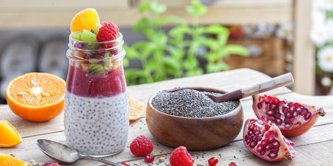 a fruity yogurt parfait with chia seeds