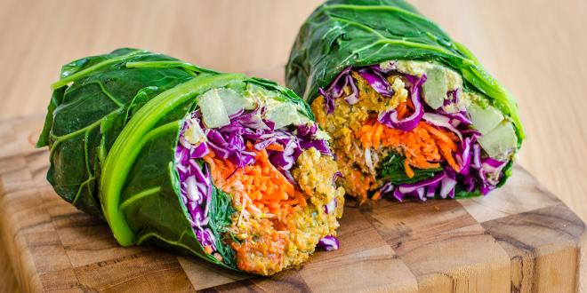 prepared vegetables wrapped in collard greens